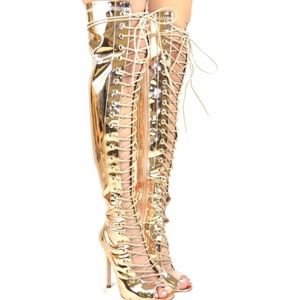 Gold Peep Toe Front Laced Heel Boots